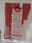 3 Piece Set Red Indian Pakistani Kurta Dress Women s Size S Kameez Pearls 