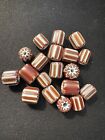 18 Chevrons Glass Beads - Brown- 6-8mm Fancy Rare Vintage  b942 