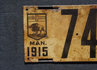 1915 Manitoba License Plate Canada   7499 Unique Construction Manufacturer Stamp