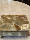 Vintage Green Onyx Stone Brass Lion Claw Foot Red Velvet Hinged Trinket Box