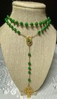 Vintage St  Patrick Rosary Gold Tone Celtic Cross Green Glass Shamrocks Prayer