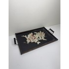 Rare Antique Large Mother Of Pearl Rose Tray With Glass Metal And Wood Brass