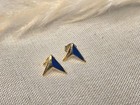 Vintage Earrings Gold-tone Metal W  Blue Enamel Small Cute Unique Pierced Studs