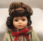 Porcelain 9  Girl Doll Curly Brown Hair  Inset Eyes Small Stand Vintage
