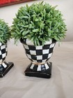 Pair Of Urn Planters With Rosemary Plants 6  Hgt Hand Painted Black White Checks