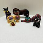 1980 s Wood Carved Painted Folk Art Cats Laurel Burch  Vintage  Set Of 6 