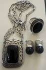 Vintage 925 Sterling Silver   Black Onyx Jewelryset - Necklace  Ring   Earrings