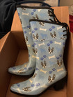 Rain Boots Womens Size 8 New Dav Boston Terrier Pattern Baby Blue