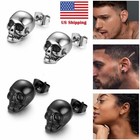 Punk Goth Stainless Steel Skull Skeleton Ear Stud Pierced Earrings For Men Women