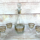 Vintage Mcm Gold-banded Decanter 6 Cordial Footed Glass Bar Set Mid Century 50s