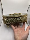 Antique Gold Brass Ormolu Filigree Glass Casket Jewelry Box Vintage Roses 