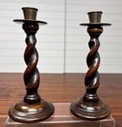 English Oak Barley Twist Pair Candlesticks Candle Holders  8 1 2  Tall