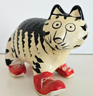 Vtg Ceramic Funny Looking Hand Painted Glazed Cat Bank W red Sneakers No Stopper
