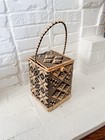 Vtg Handwoven Lidded Rattan Basket W  Handle Tribal Geometric Pattern Folk Art