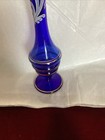 Vintage Cobalt Blue Bud Vase W white Design   Gold Trim 8 3 4    Tall