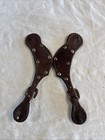 Western Leather Spur Straps Pair Engraved Silver Tone Overlay Cowboy Boot Straps