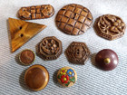 10 Vintage Antique Wood Picture Buttons Various Sizes Shapes Patterns