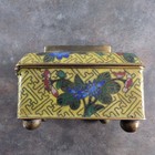 Chinese Cloisonne Yellow Enamel Box Stone Inlay Republic Era Blossoms Wan Fret