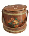 Antique Large Wooden Firkin Original Lid   Handle Sewing Basket Folk Art Barrel