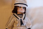 Vintage Porcelain Girl Doll In Sailor Outfit  White   Blue  Brown Hair 16  Tall