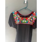 Mexican Floral Embroidered Peasant Blouse Black Short Sleeve Boho Top Small