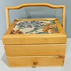 Wood Sewing Box Cantilever Organizer Drawer Floral Tapestry Lid Carry Handle