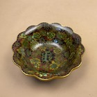 Cloisonne Enamel Bowl Scalloped Chinese Brass Floral Green Brown Vintage Dish
