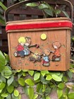 Vtg 70s Wooden Box Purse Sewing Kit With Precious Moments Wood Basket Handle