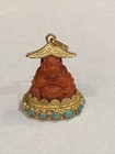 Antique Carved Coral Buddha In 18k Yellow Gold Temple W  Turquoise Stones Charm