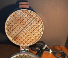 Vtg Chrome Stainless Steel Waffle Iron Thin Waffles Works Great Wood Handles