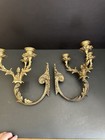 Pair Ornate Vtg French Gilt Bronze Wall Sconces 3 Arm Candles 10   