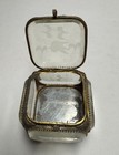 Antique Jewelry Box Thick Etched Beveled Glass  Brass  French Type  Bird Design