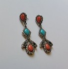 Southwestern Coral Faux Turquoise Silver Tone Dangle Pierced Earrings Vintage