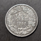 Switzerland  1851 A  1 2 Franc Silver Better Date Coin  Free Shipping 