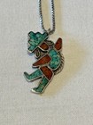 Sterling Silver Kokopelli Pendant Necklace With Turquoise   Coral Inlay