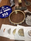Vintage Estate Junk Drawer Lot knifes coins jewelry advertisment smalls  Pewter