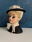 Vintage Lady Head Vase Blonde    bonnet Belle    In Black white Big Bow 5 75   