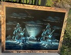 Vtg Black Velvet Felt Painting Large Pirate Ship Scene Mcm Signed 38  X 29 