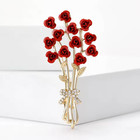 Red Rose Bouquet Brooch Pin Gold Tone Rhinestone Floral Elegant Women Jewelry