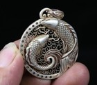 4cm China Old Miao Silver Feng Shui Double Fish Pendant Amulet Necklace