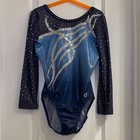 Gk Elite Competition Gymnastics Leotard Long Sleeve Am Blue Silver