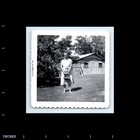Old Vintage Square Photo Solo Woman In Yard Outside Garage 1953 Snapshot