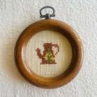 Vintage Cross Stitch Framed Small Round Wood Hoop Lot  2 Teapot Telephone 3 