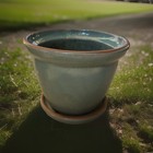Vintage New England Pottery Teal Green Ceramic Flower Pot Planter   Saucer