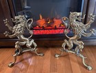 Antique Cast Brass Fireplace Andirons Mid 19th Century  Rampant Lions Set   15    