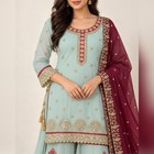 Mint Georgette Embroidered Kurta   Palazzo Set With Burgundy Dupatta