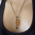 Vintage Necklace Art Nouveau Brass Pendant Antique Amber Topaz Czech Glass