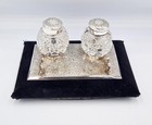 Victorian Sterling Silver   Cut Glass Double Inkwell Birmingham 1886