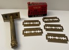 Vintage Gillette Razor Brass  gold Tone  W  5 Blades   Box Usa