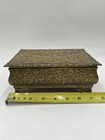 Antique Ornate Brass Gold Trinket Jewelry Casket Footed Floral Box Blue Velvet